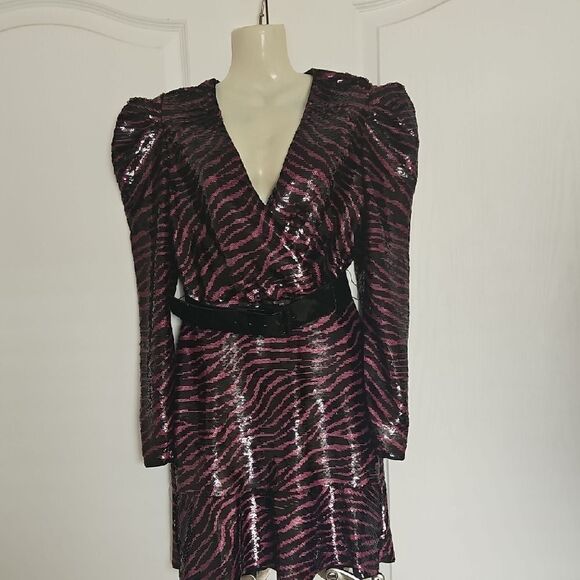 Michael Kors Sequins Pink and Black V-Neck Puff Sleeve Dress - Picture 3 of 16